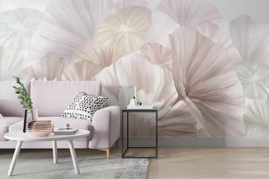 fototapeter Delikate rosa lotusblader med hvite blomster med myke, fjærlette kronblader arrangert i en naturlig kunstkomposisjon w08265v1
