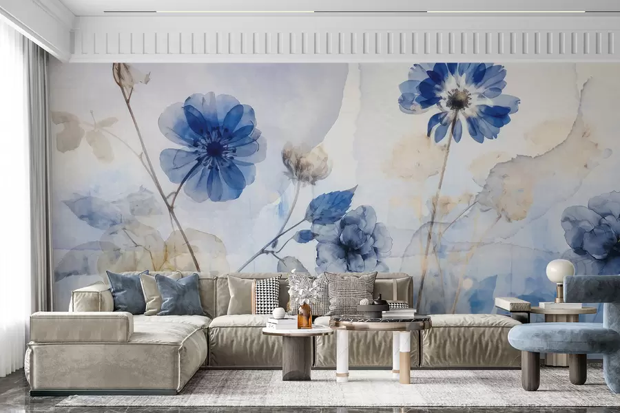 fototapeter Blå og hvite gjennomsiktige akvarellblomster i et felt, med myk, uskarp abstrakt bakgrunn w08270
