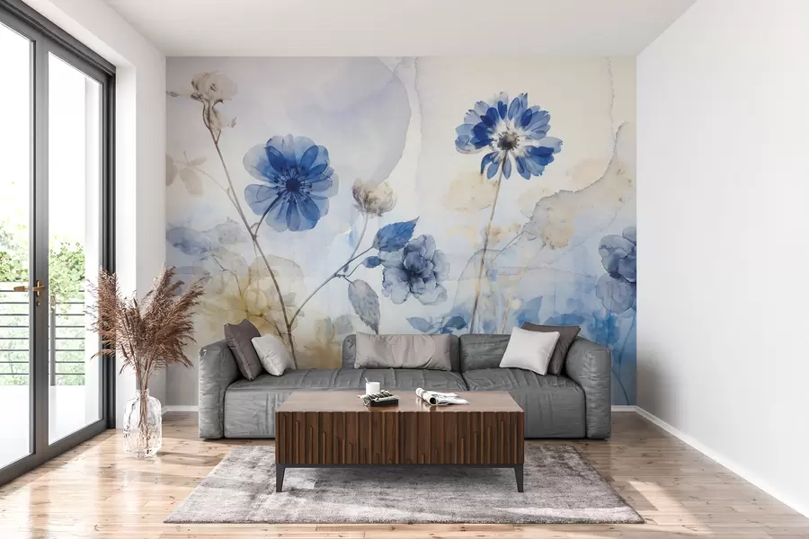 fototapeter Blå og hvite gjennomsiktige akvarellblomster i et felt, med myk, uskarp abstrakt bakgrunn w08270