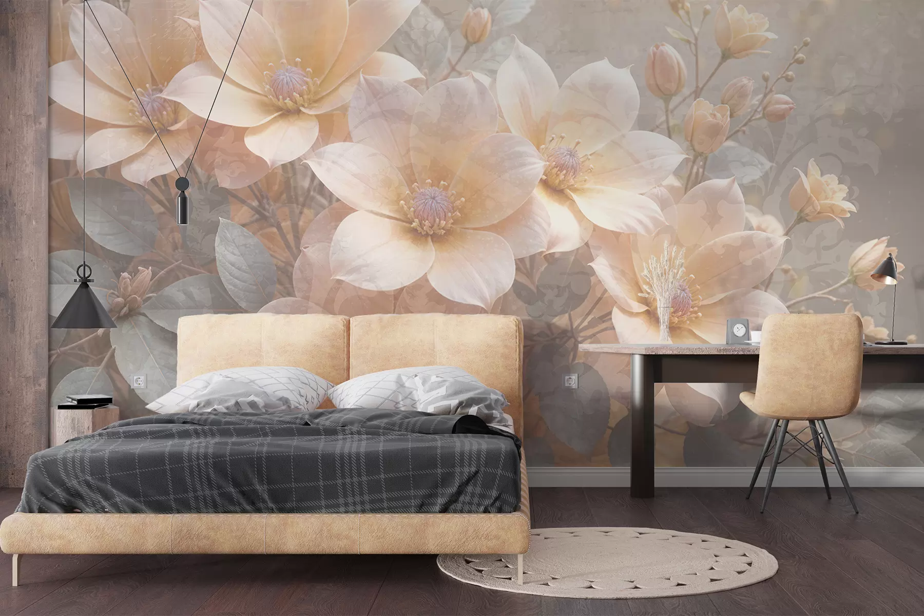 fototapeter Pastellfargede blomster med delikate kronblader mot en uskarp teksturert bakgrunn, noe som skaper en rolig atmosfære w08273