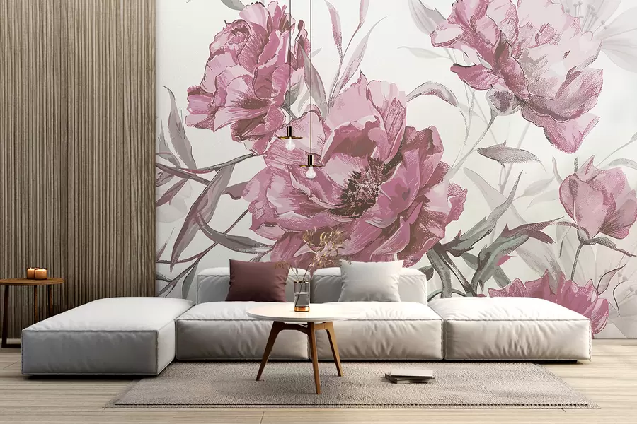 fototapeter Rosa pioner maleri med frodig bladverk mot en lys abstrakt bakgrunn  w08274