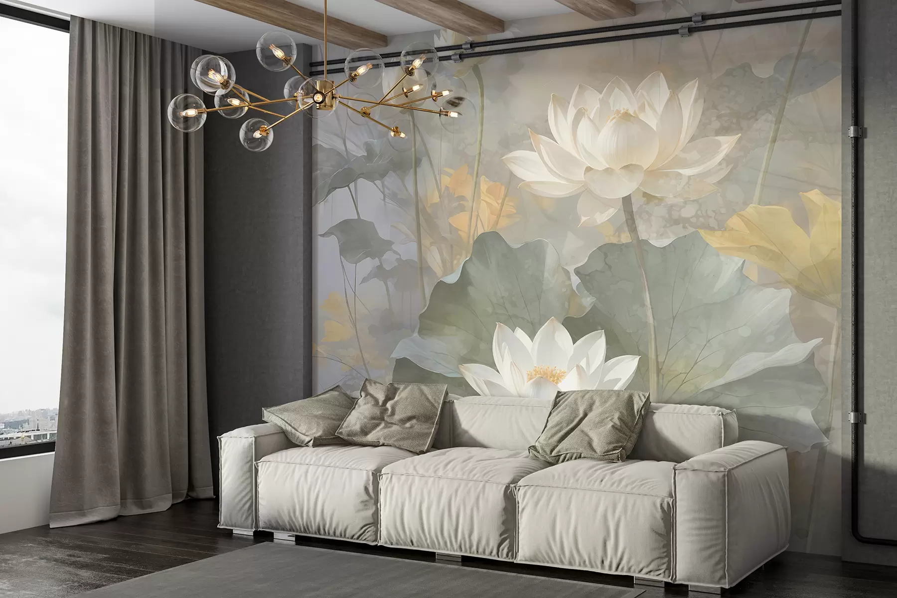 fototapeter Hvite lotusblomster med blader i en dam med en myk, uskarp gul og grønn bakgrunn w08275