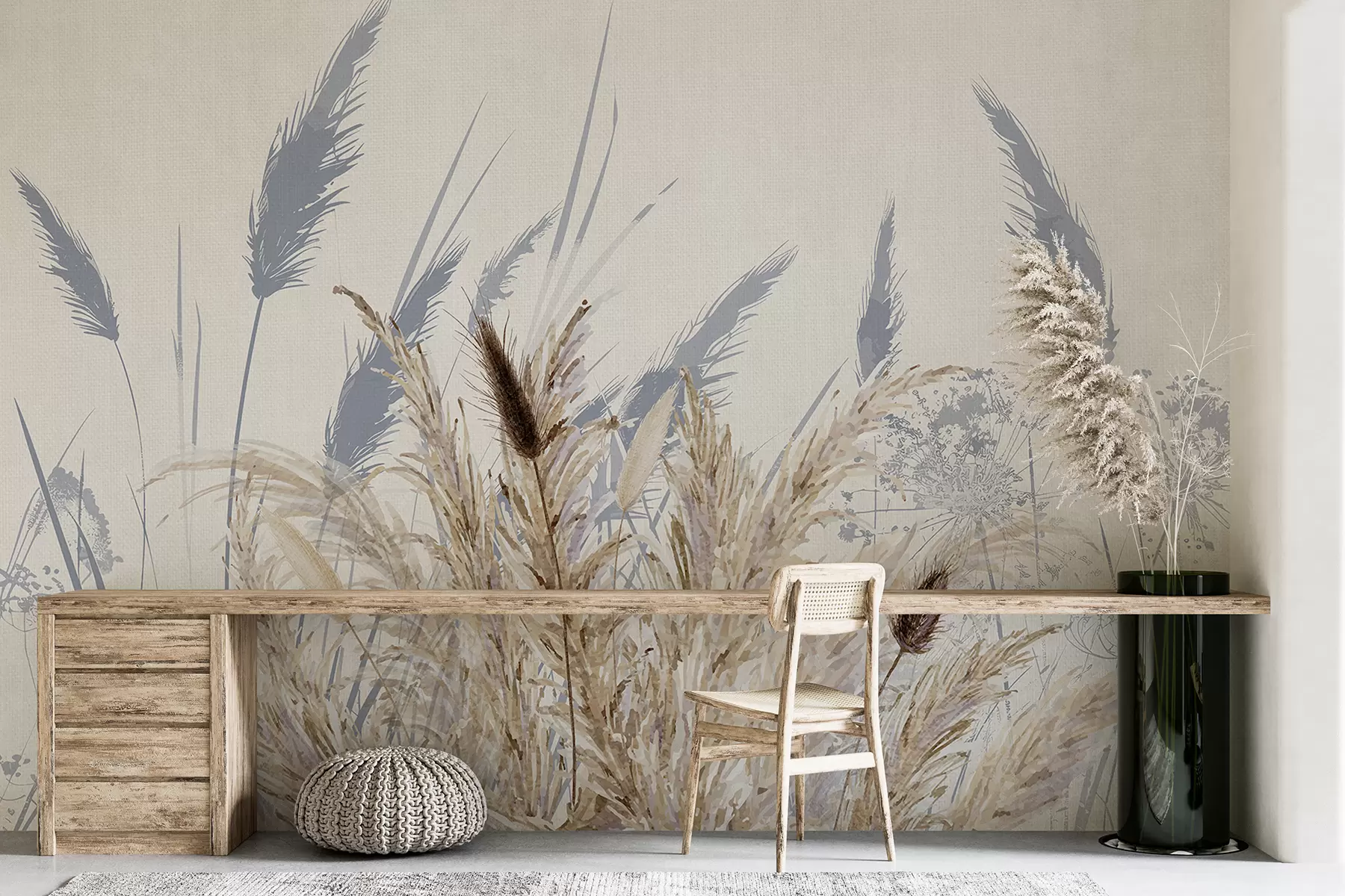 fototapeter Høye hvetestengler og gress med myke, hvite fjær mot en lys bakgrunn w08282