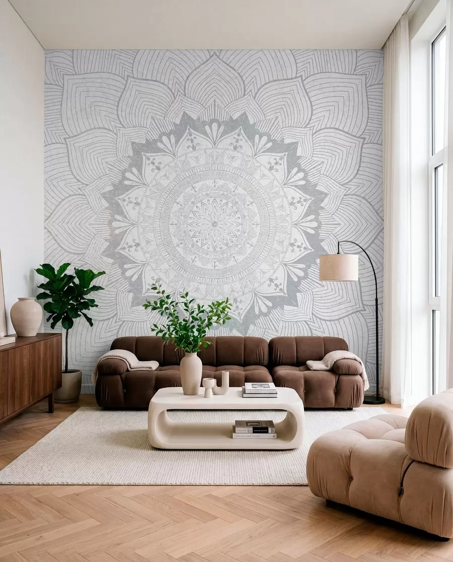 fototapeter Rund mandala, tapet for yoga-rom eller for å harmonisere det personlige rommet. Veggmandala i grå nyanser på en strukturert heterogen bakgrunn w01088v2
