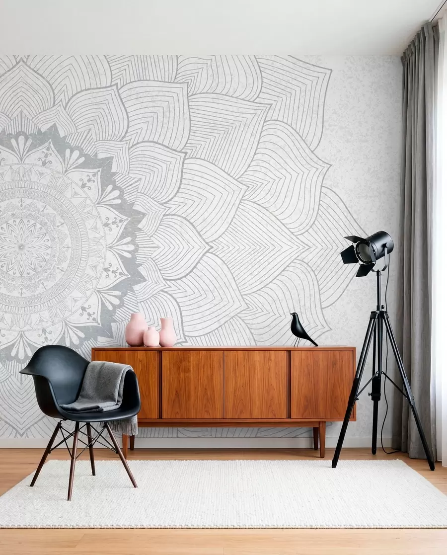 fototapeter Rund mandala, tapet for yoga-rom eller for å harmonisere det personlige rommet. Veggmandala i grå nyanser på en strukturert heterogen bakgrunn w01088v2