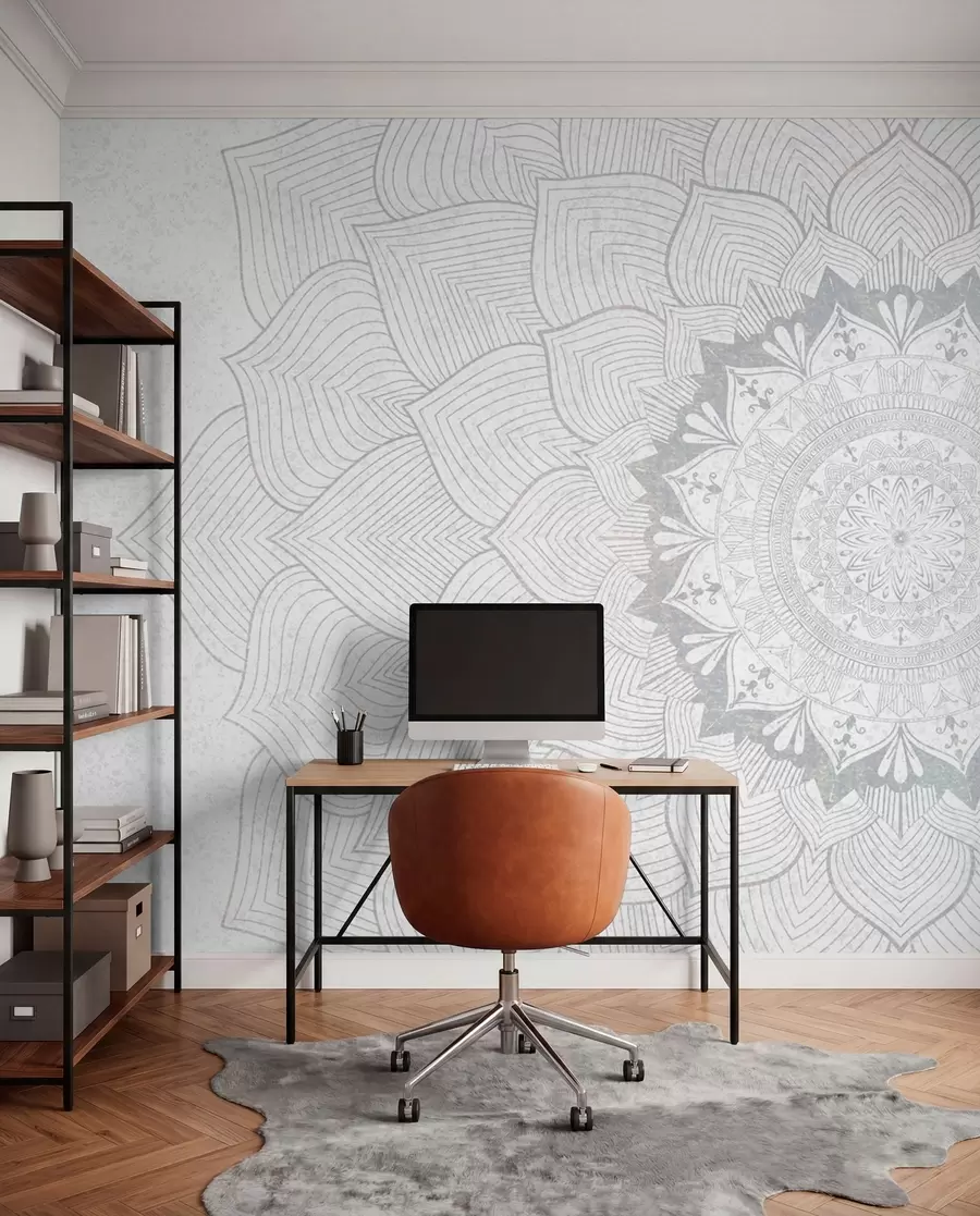 fototapeter Rund mandala, tapet for yoga-rom eller for å harmonisere det personlige rommet. Veggmandala i grå nyanser på en strukturert heterogen bakgrunn w01088v2