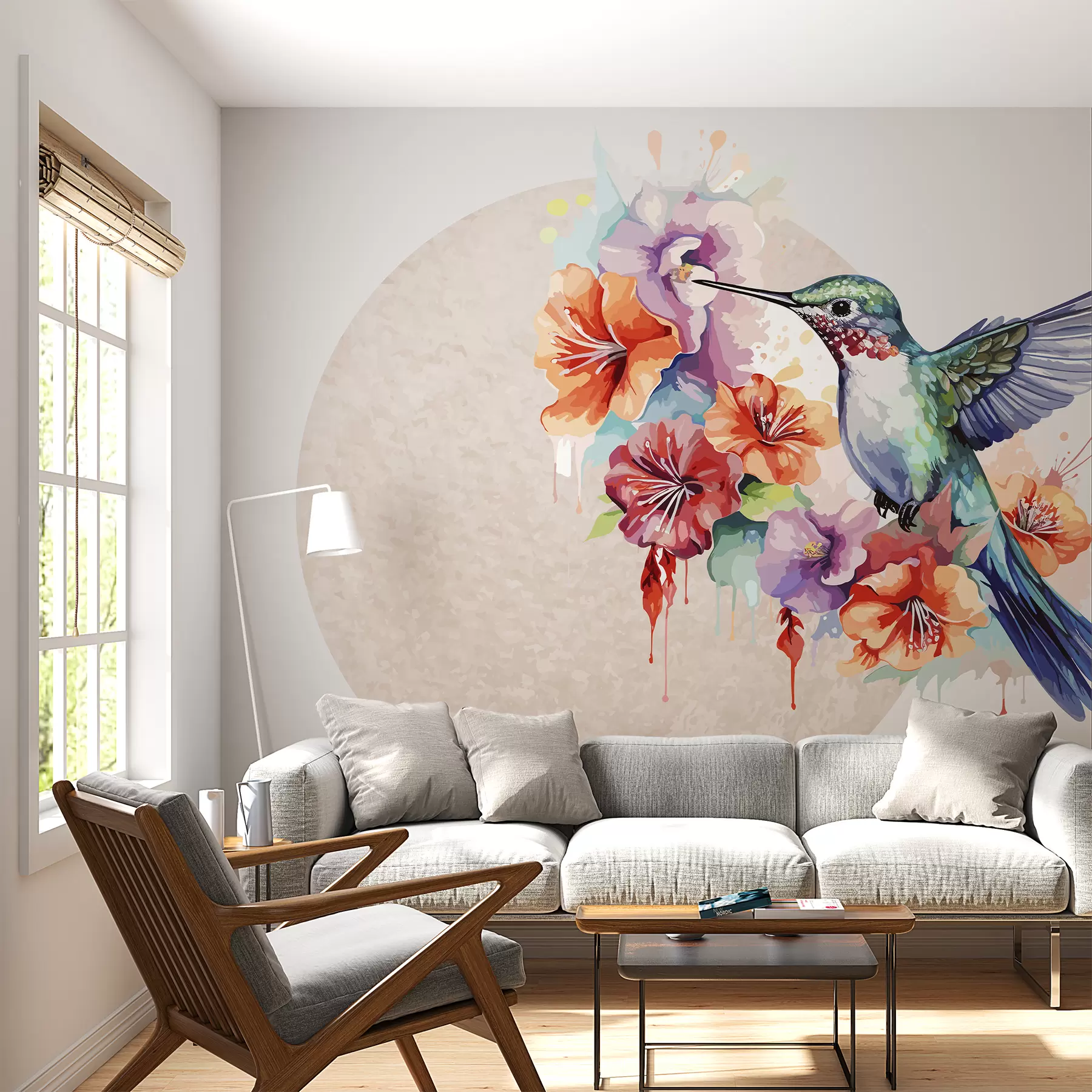 fototapeter Kolibri,blomster,sirkel,beige w01528