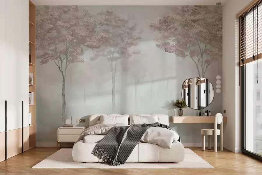 fototapeter Tåkete skogssilhuett i rosa og grå farger w01599v4