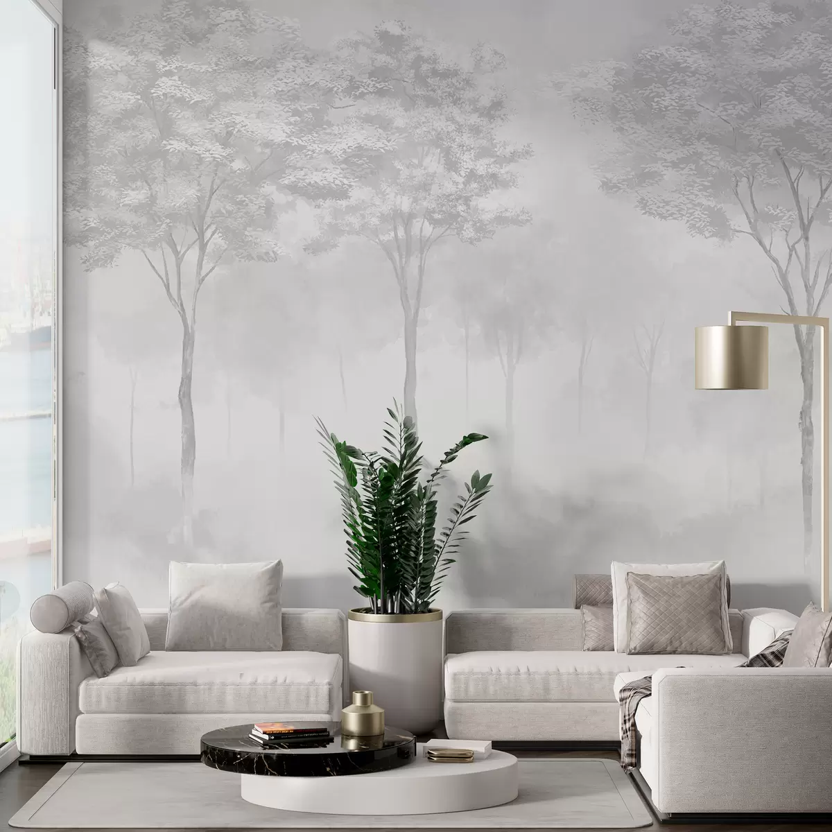 fototapeter Tåkete skogssilhuett i grå farge w01599v5