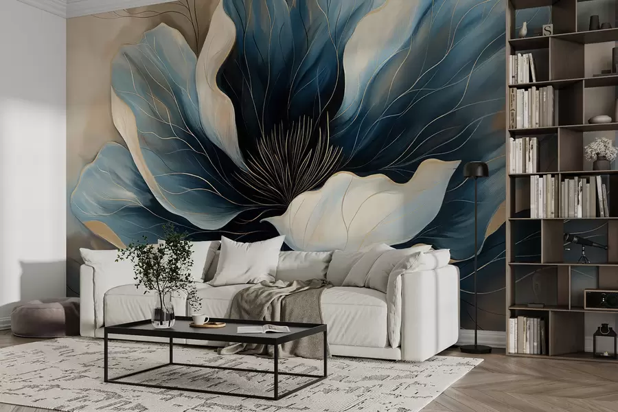 fototapeter Stor, elegant blomst med dyptflytende mørkeblå og hvite kronblader w01538