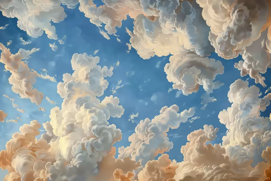 fototapeter Bølgende skyer i varme toner af creme, blød fersken og blegt, levende blå himmel w01583