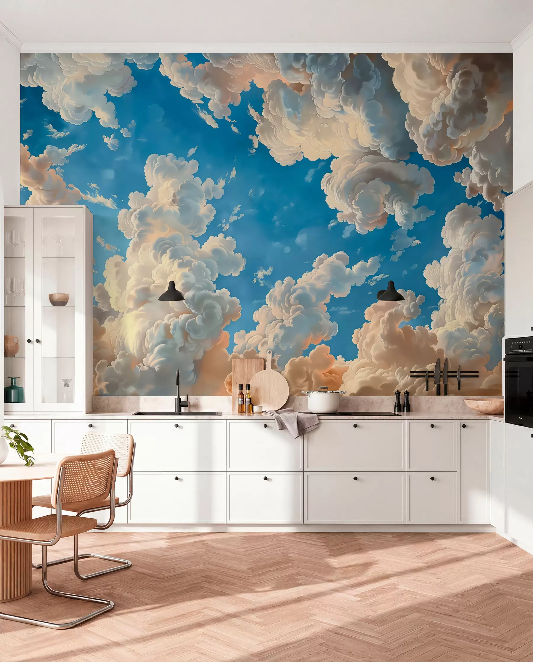 fototapeter Bølgende skyer i varme toner af creme, blød fersken og blegt, levende blå himmel w01583