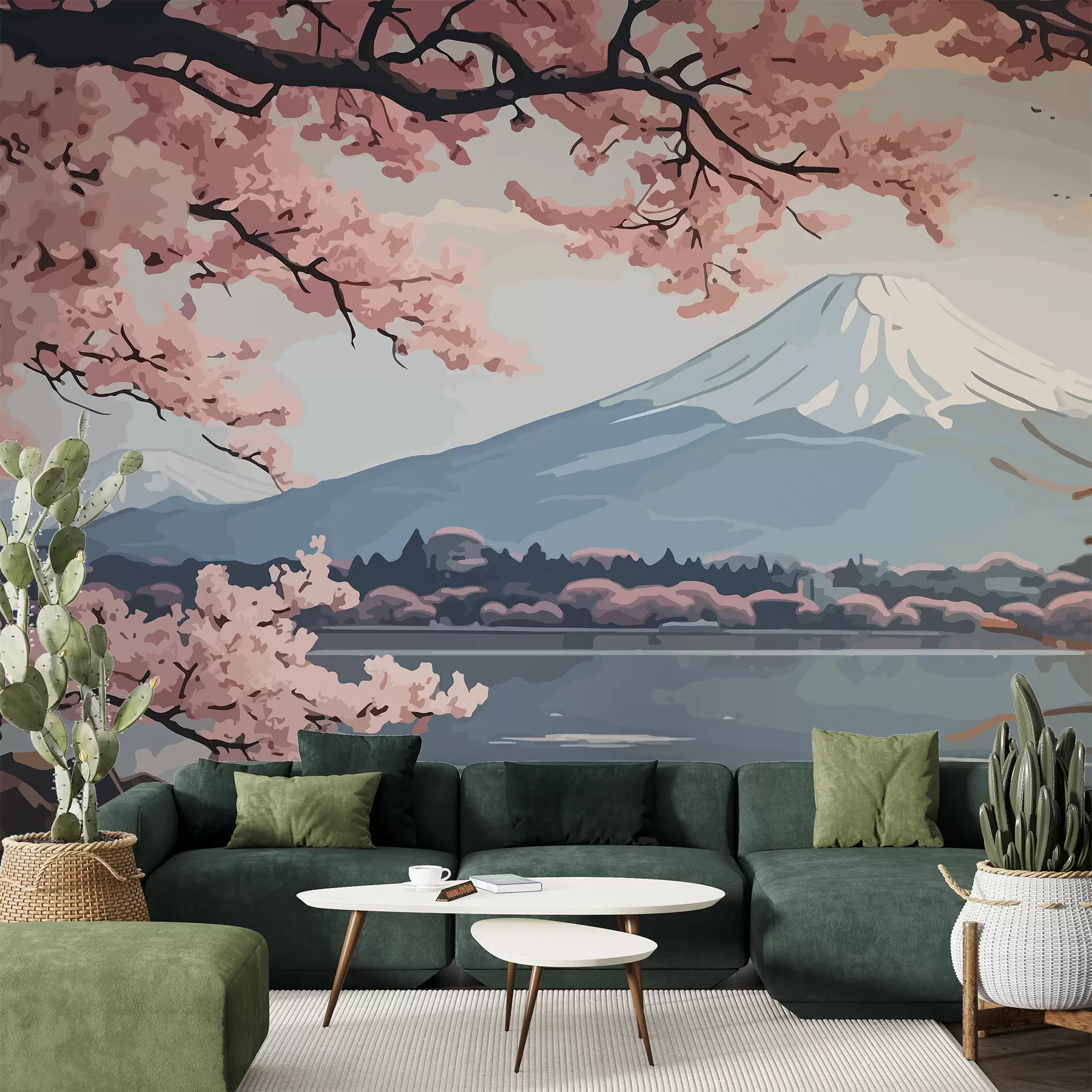 fototapeter Sakura, fjell, akvarell w01664