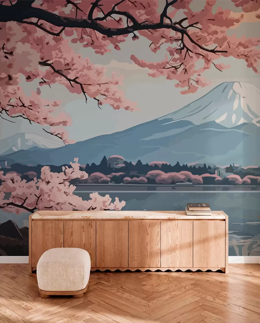 fototapeter Sakura, fjell, akvarell w01664