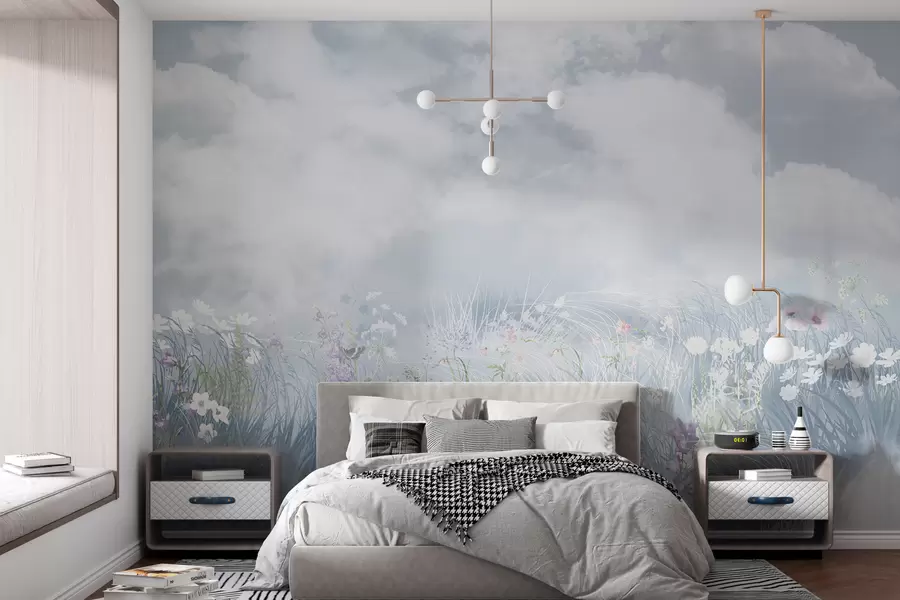 fototapeter Villblomster og gress med balkansk himmel og skyer w01624
