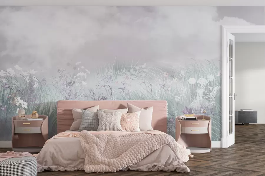 fototapeter Villblomster og gress med rosa himmel og skyer w01624v1
