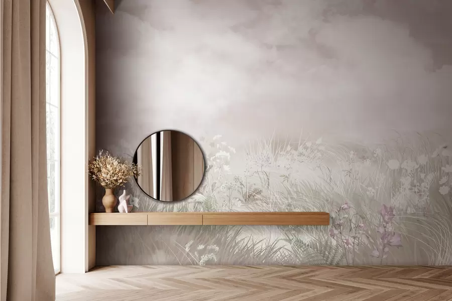 fototapeter Villblomster og gress med blekrosa himmel og skyer w01624v4