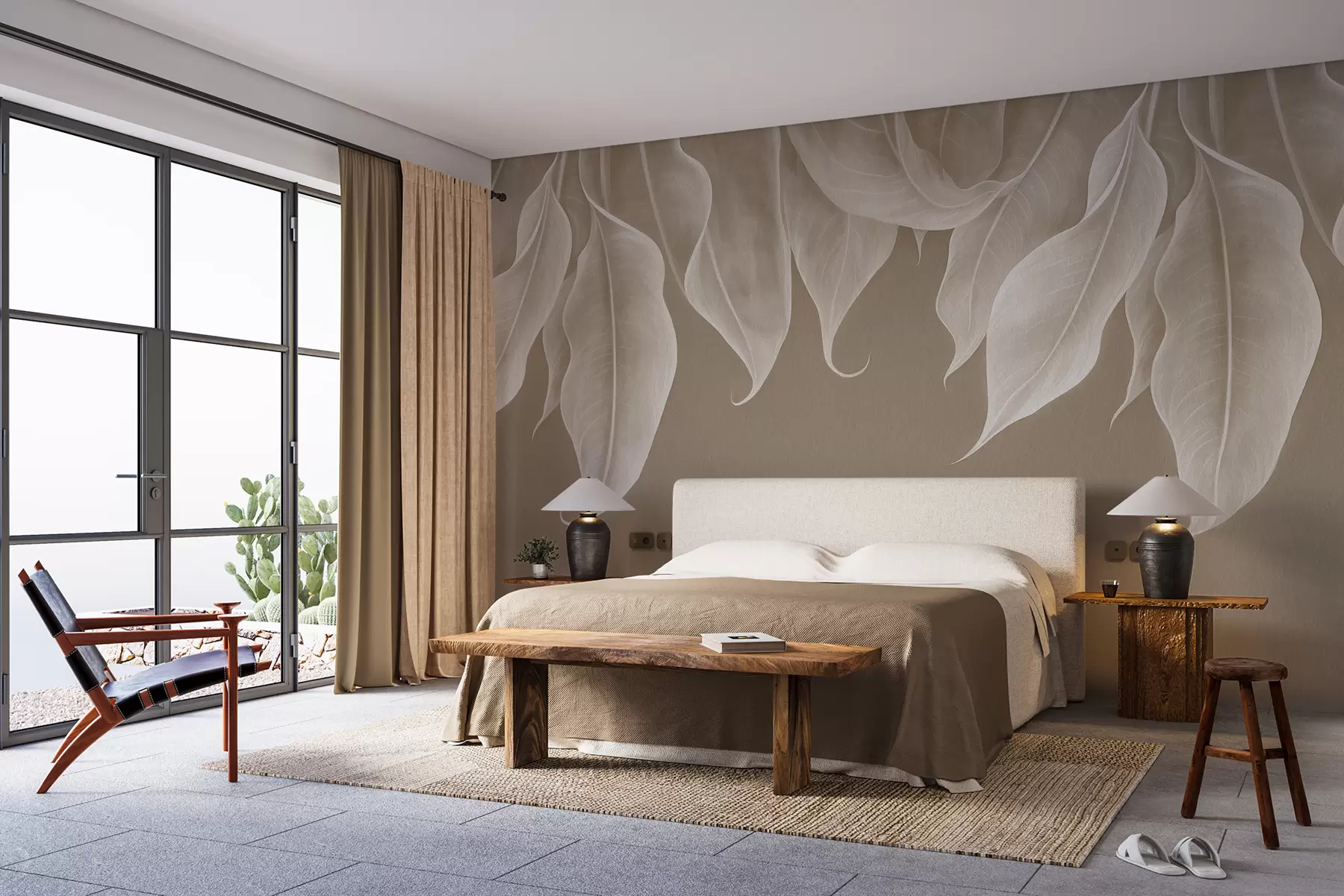 fototapeter hengende store blader i beige farge w01680