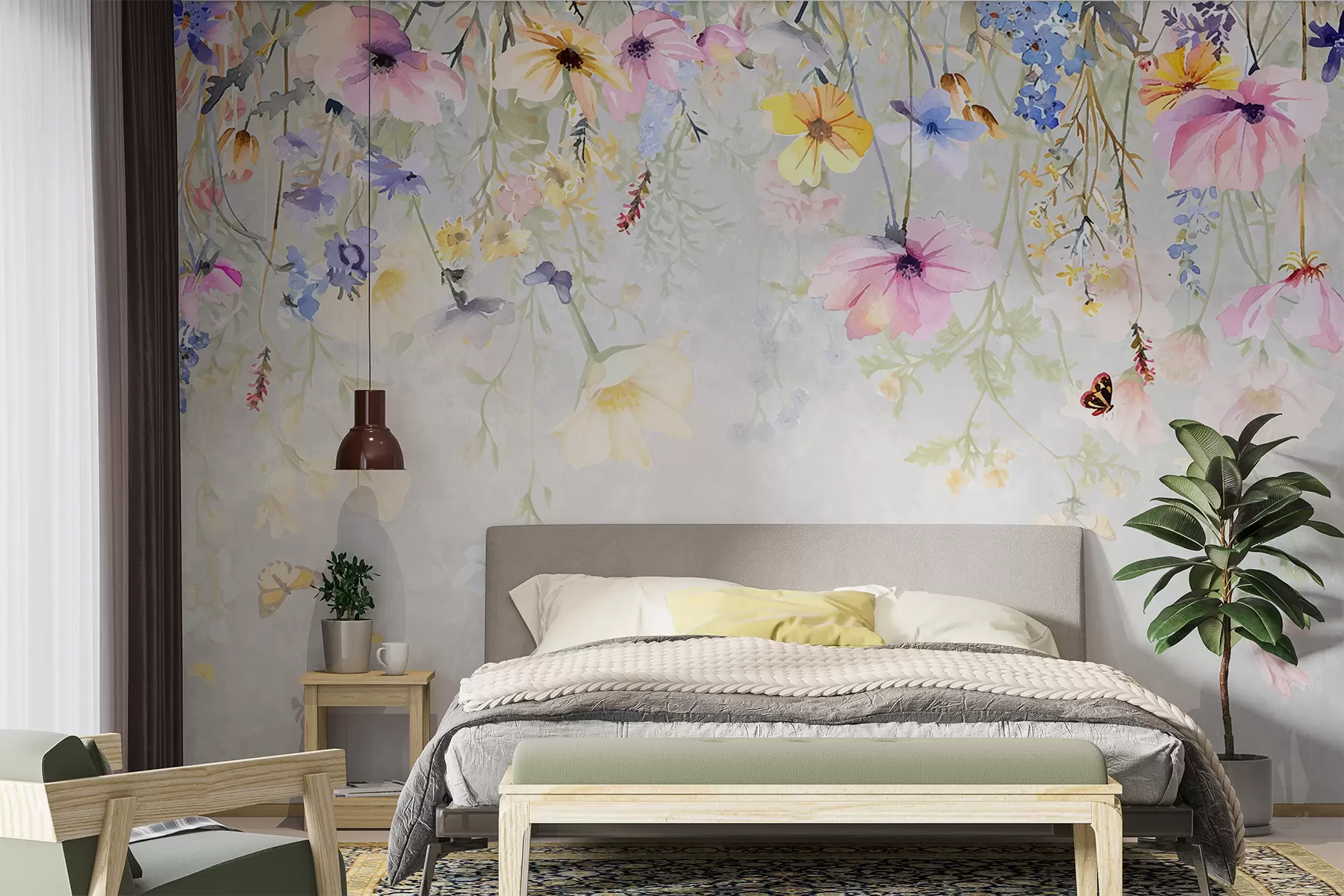 fototapeter Fargerike blomster med rosa, gule og blå blomster som henger fra toppen på en strukturert grå bakgrunn w08309