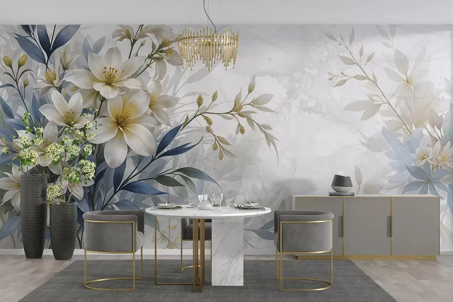 fototapeter Hvit, beige og blå blomsterbukett med delikate blader på en myk, uskarp bakgrunn w08314