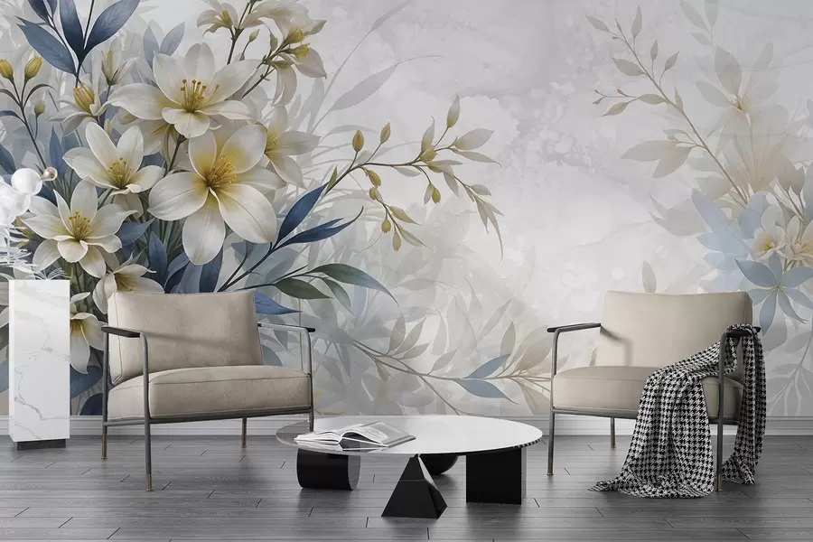 fototapeter Hvit, beige og blå blomsterbukett med delikate blader på en myk, uskarp bakgrunn w08314