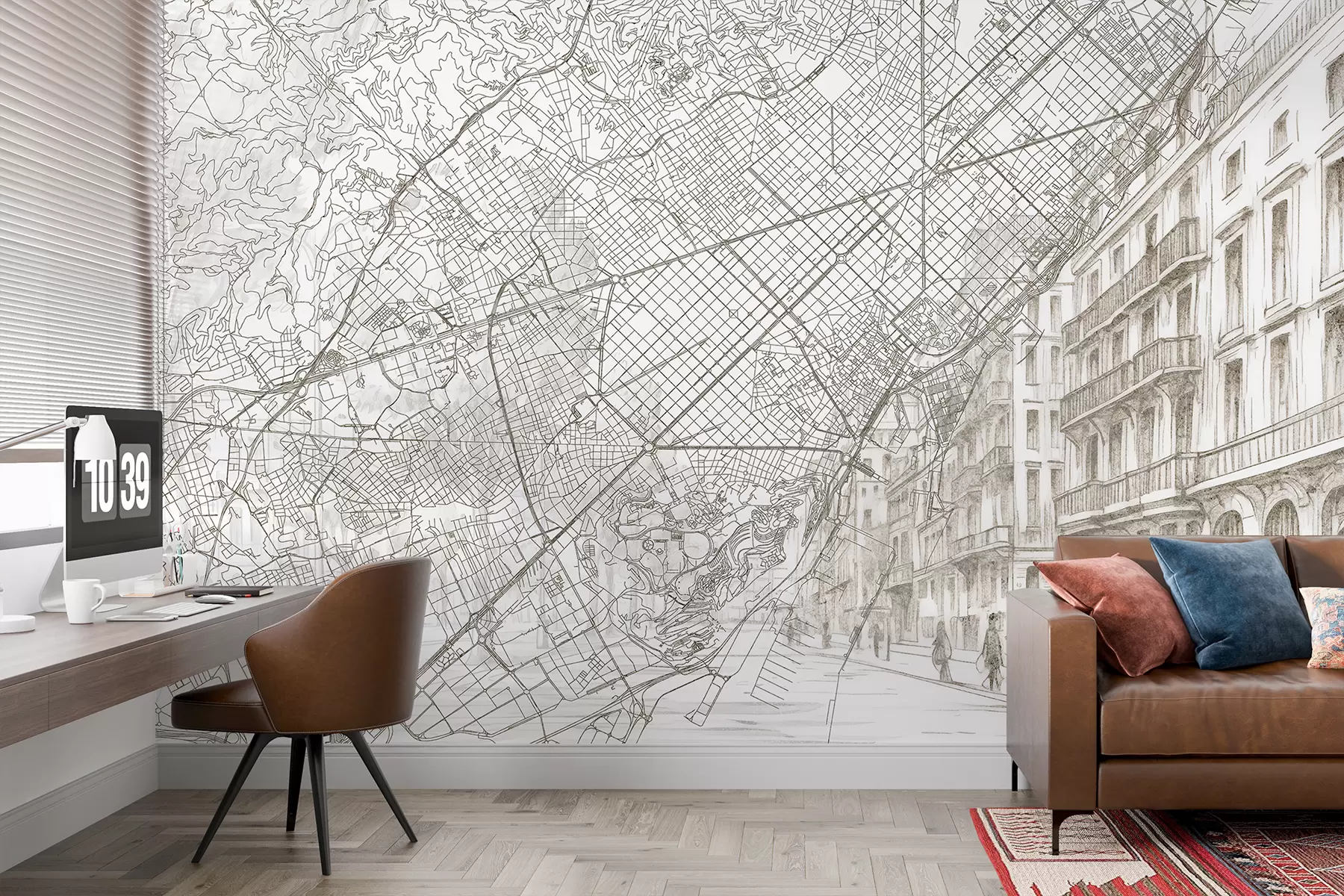 fototapeter Barcelona bykart, strektegning, arkitektur, Spania, beige farger w01695