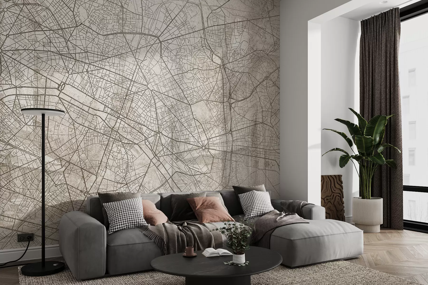 fototapeter Paris bykart, strektegning, arkitektur, Frankrike, beige farger w01697