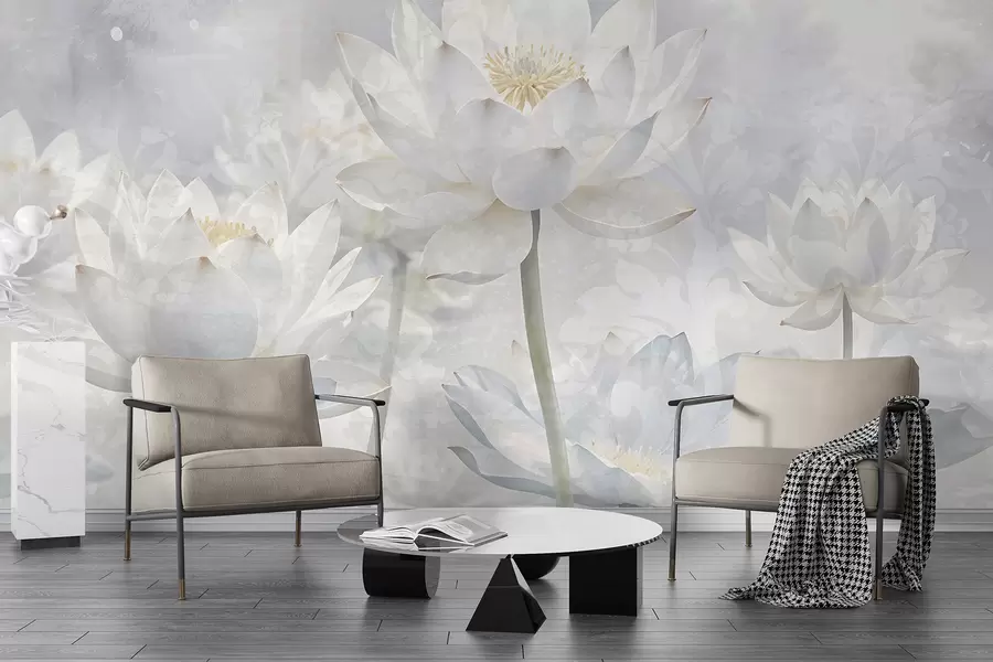 fototapeter Hvite lotusblomster i en tåkete, eterisk, abstrakt pastelllandskapsbakgrunn w08328