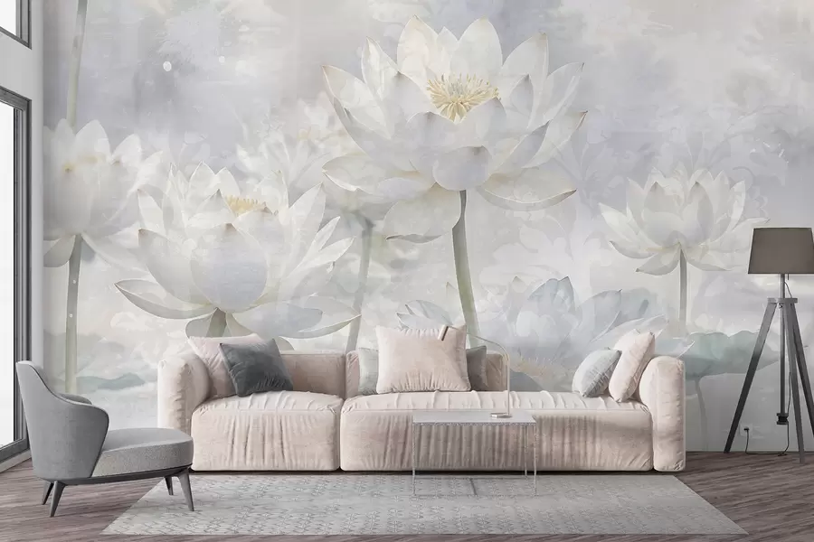 fototapeter Hvite lotusblomster i en tåkete, eterisk, abstrakt pastelllandskapsbakgrunn w08328