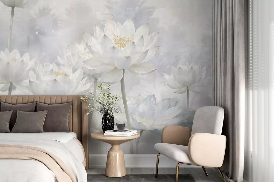 fototapeter Hvite lotusblomster i en tåkete, eterisk, abstrakt pastelllandskapsbakgrunn w08328