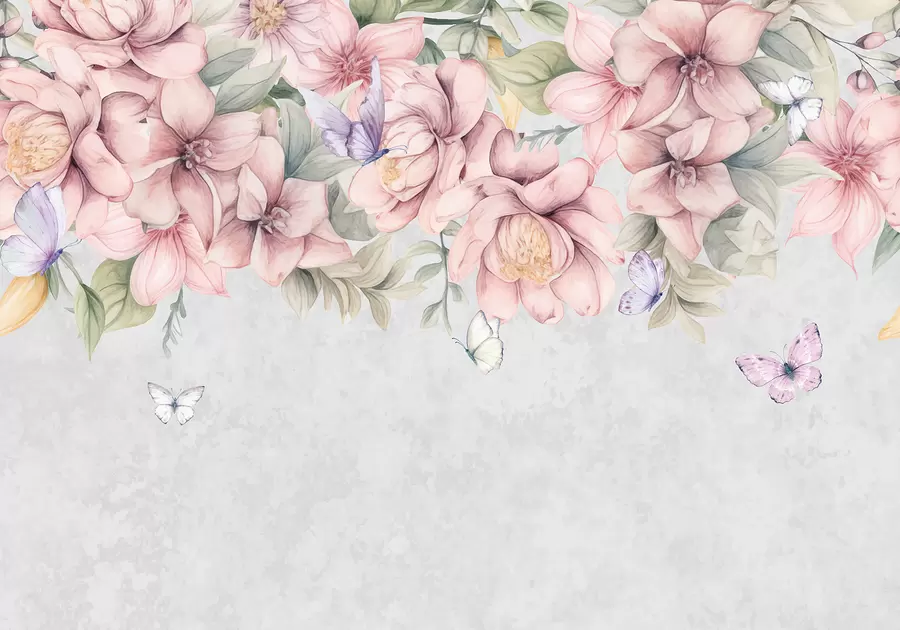 fototapeter Myke rosa og hvite blomster med delikate blomster og blader på en grå bakgrunn med struktur w08331
