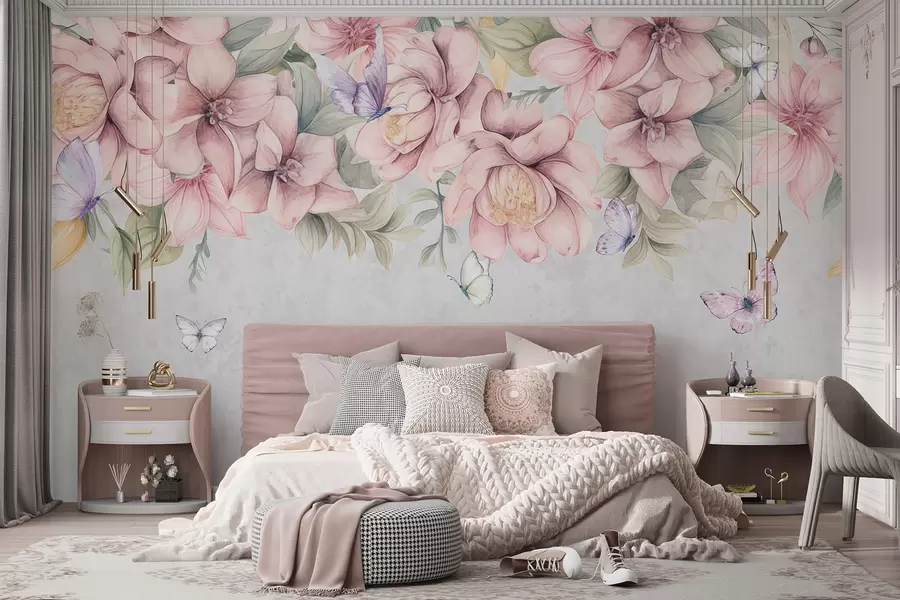 fototapeter Myke rosa og hvite blomster med delikate blomster og blader på en grå bakgrunn med struktur w08331