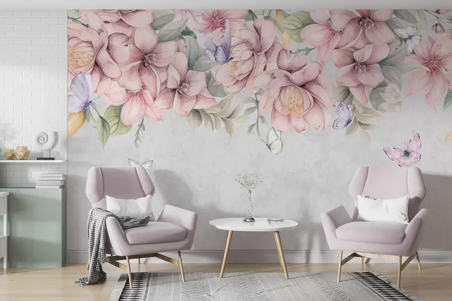 fototapeter Myke rosa og hvite blomster med delikate blomster og blader på en grå bakgrunn med struktur w08331