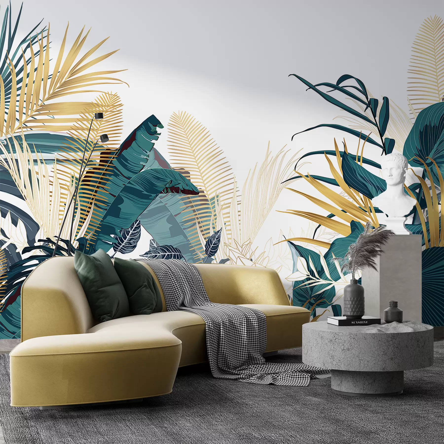 fototapeter Et tropisk frodig grønt løvverk, inkludert palmeblader, bregner og andre eksotiske planter i mørkegrønne og oransje farger w08338