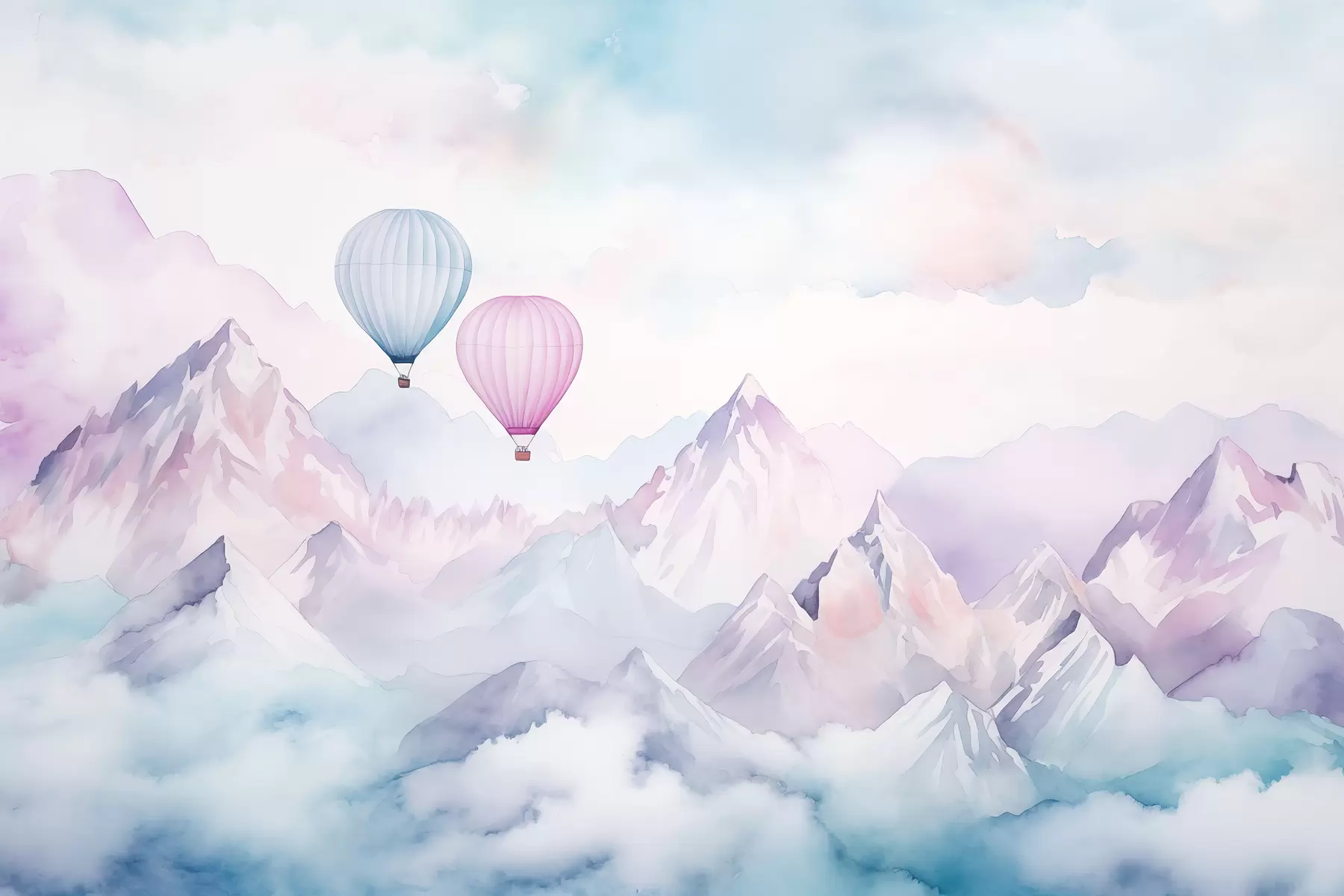 fototapeter Akvarellfjell med luftballonger, eteriske, blå farger w01786v1