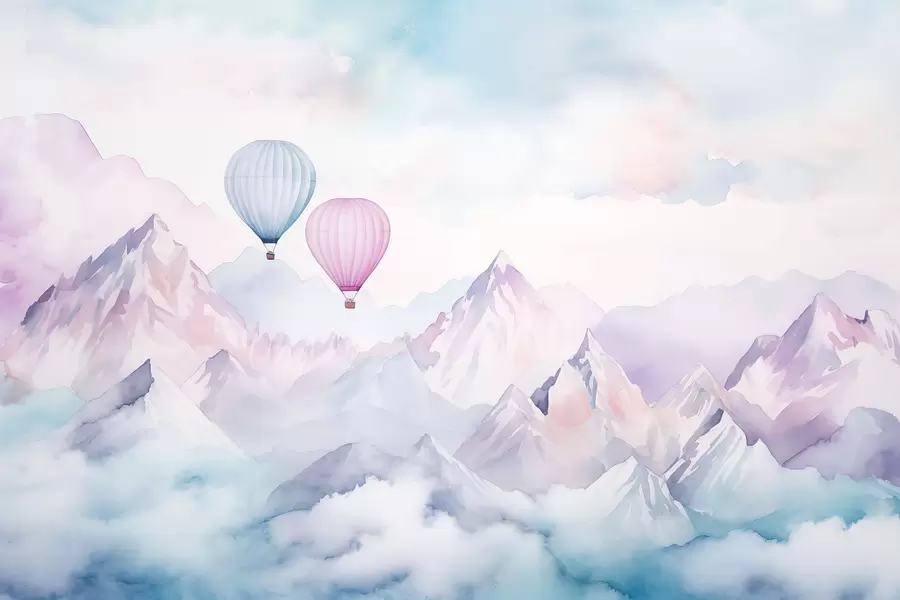 fototapeter Akvarellfjell med luftballonger, eteriske, blå farger w01786v1