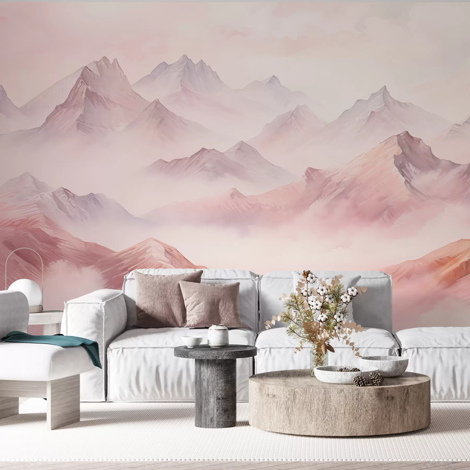 fototapeter Fjell med skyer, akvarell, myke beige og rosa farger w01790