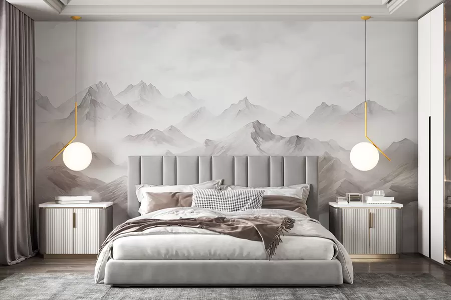 fototapeter Fjell med skyer, akvarell, myke grå farger w01790v1