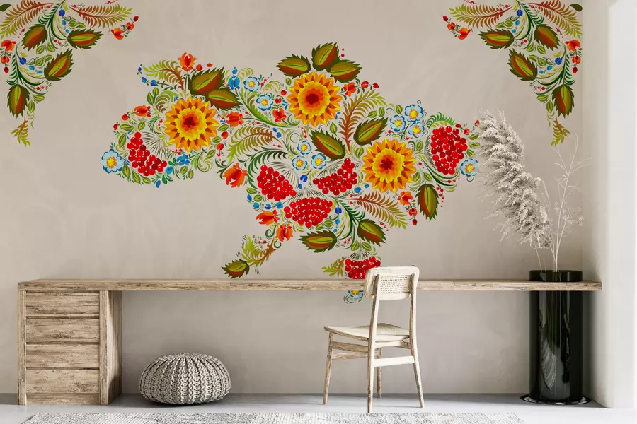 fototapeter Kart over Ukraina i stil med Petrikov-maleri på en lys beige bakgrunn w01149