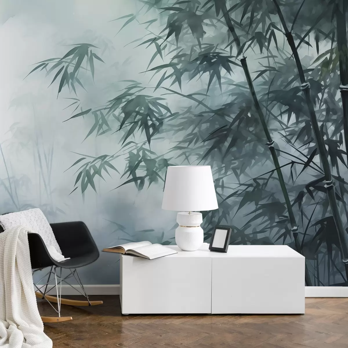 fototapeter Bambusstengler mot mørk tåkebakgrunn, våt akvarell w01863