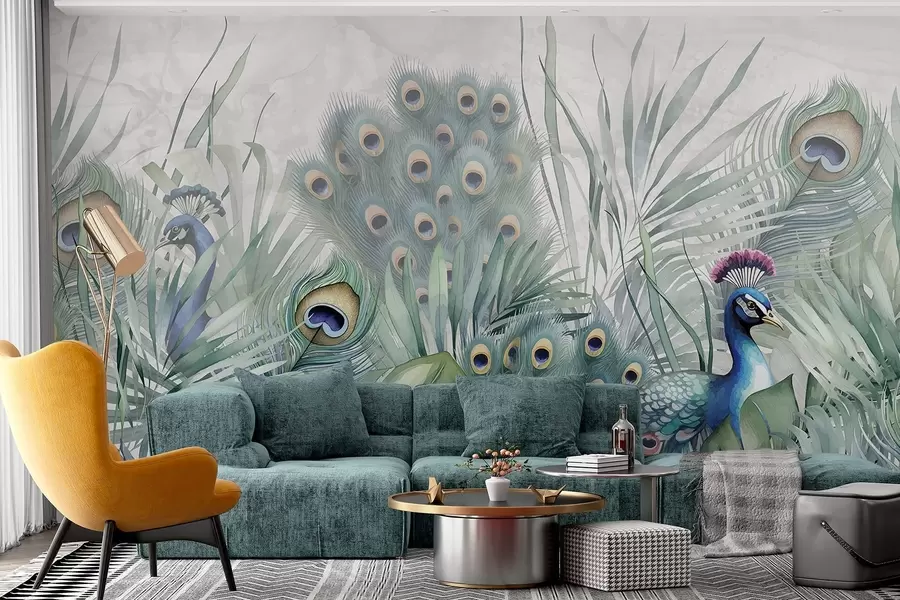 fototapeter Et par fargerike påfugler omgitt av frodig akvarellgrønt løvverk og livlige blomster på grå bakgrunn w08345