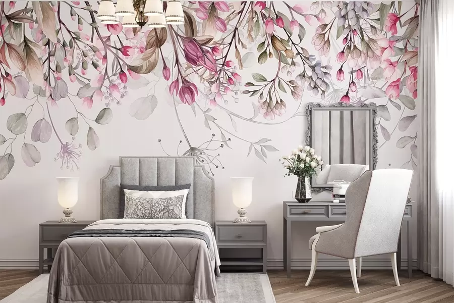 fototapeter Delikate rosa og hvite blomstergrener med blader og kronblader, på pastellgrå bakgrunn w08347