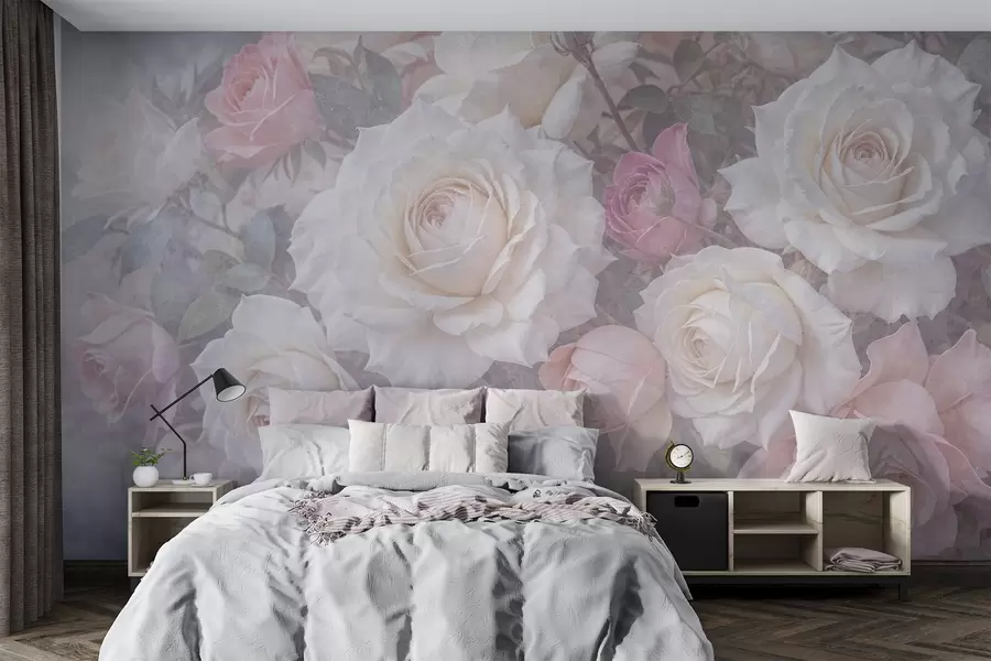 fototapeter Myke, pastellfargede roser og pioner mot en uskarp, tåkegrå teksturert bakgrunn w08352