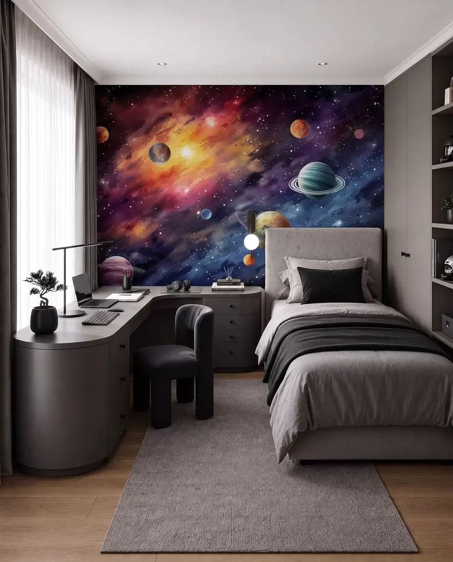 fototapeter Verdensrommet med planeter og stjerner, akvarell, kosmisk w01798