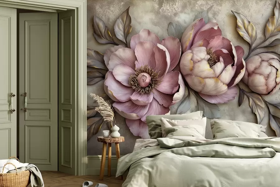 fototapeter Lilla blomsterpioner med blader og kronblader i duse pastellfarger, vintage-stil w01825