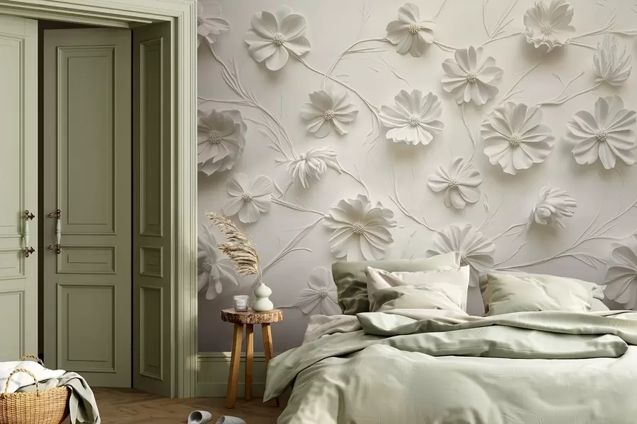 fototapeter Hvit relieffkomposisjon av blomster i en minimalistisk og sofistikert stil w01828