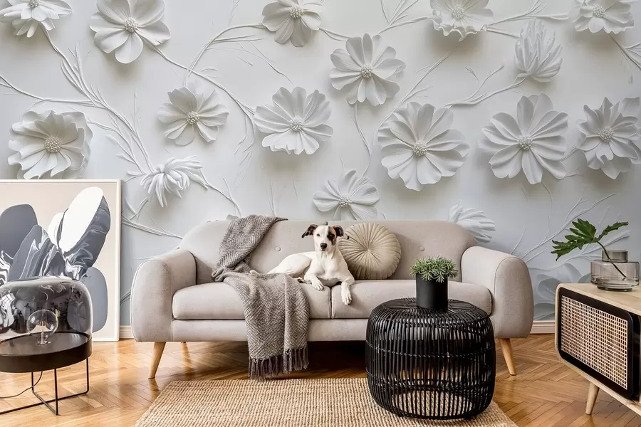 fototapeter Hvit relieffkomposisjon av blomster i en minimalistisk og sofistikert stil w01828