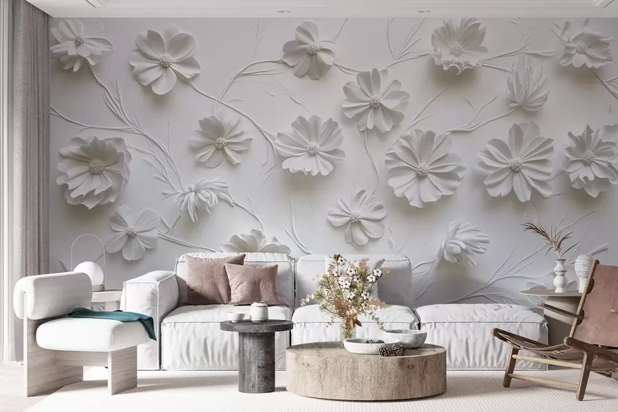 fototapeter Hvit relieffkomposisjon av blomster i en minimalistisk og sofistikert stil w01828