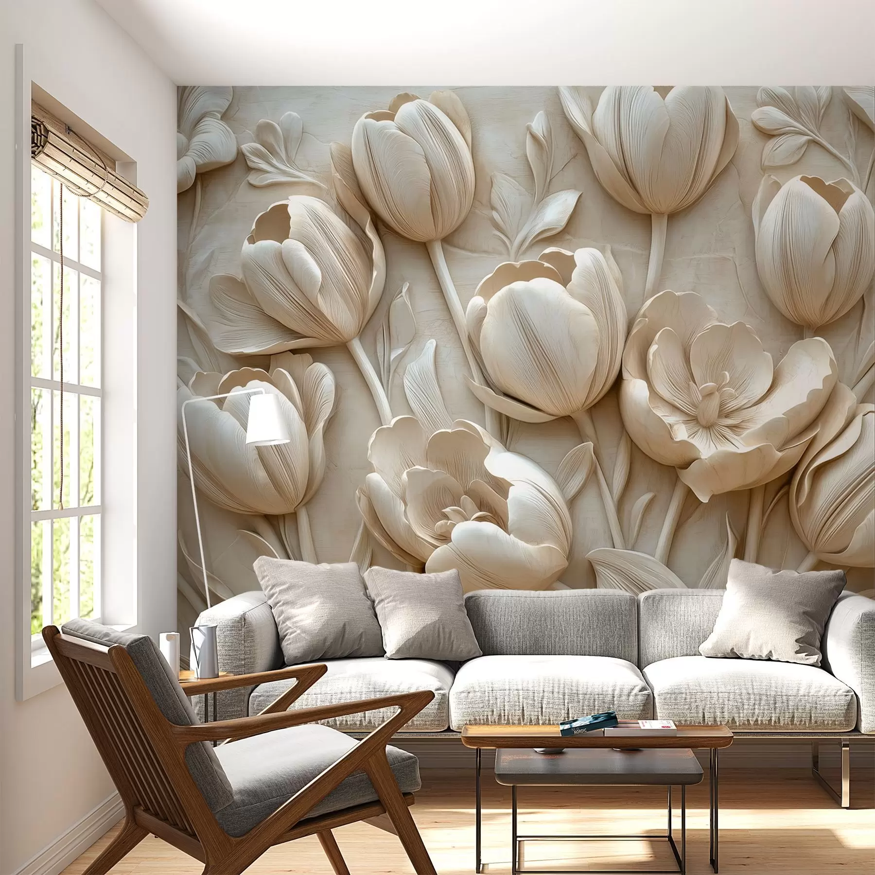 fototapeter 3D-blomsterkunst med grasiøse tulipaner i beige farge w01851
