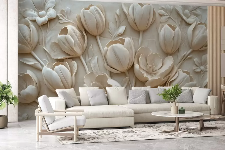 fototapeter 3D-blomsterkunst med grasiøse tulipaner i beige farge w01851